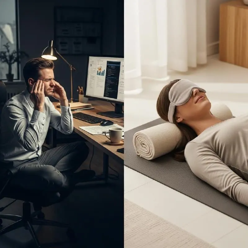A split image contrasting a stressed executive at a desk with a relaxed employee wearing a sleep mask on a yoga mat.