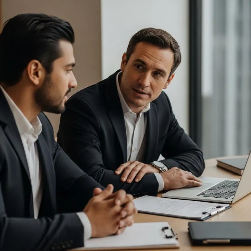 Two men in business suits having a serious, trusting conversation across a desk, representing psychological safety.