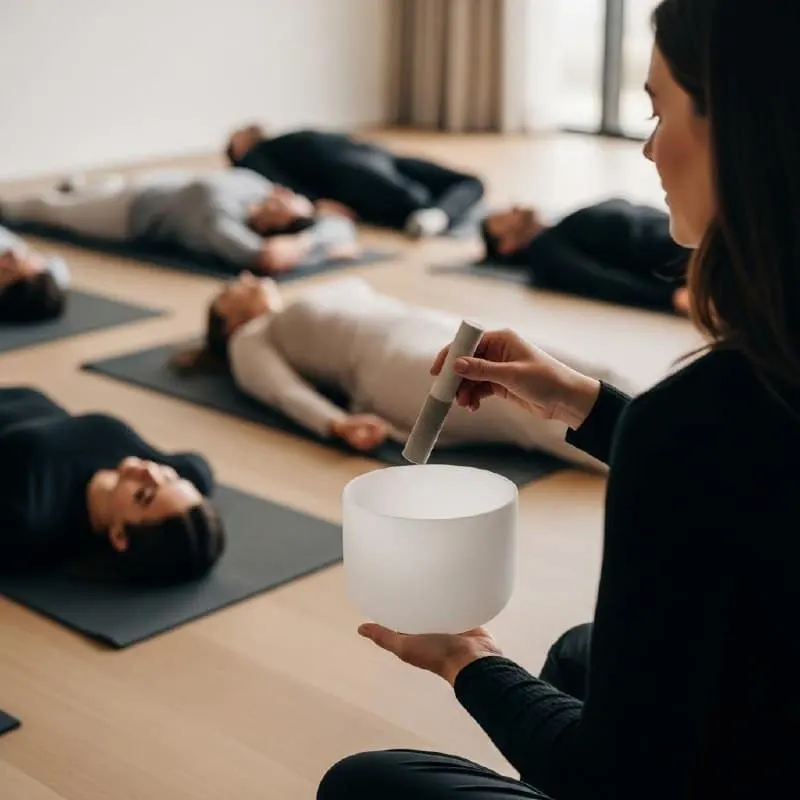 A practitioner playing a crystal singing bowl while employees relax on yoga mats.
