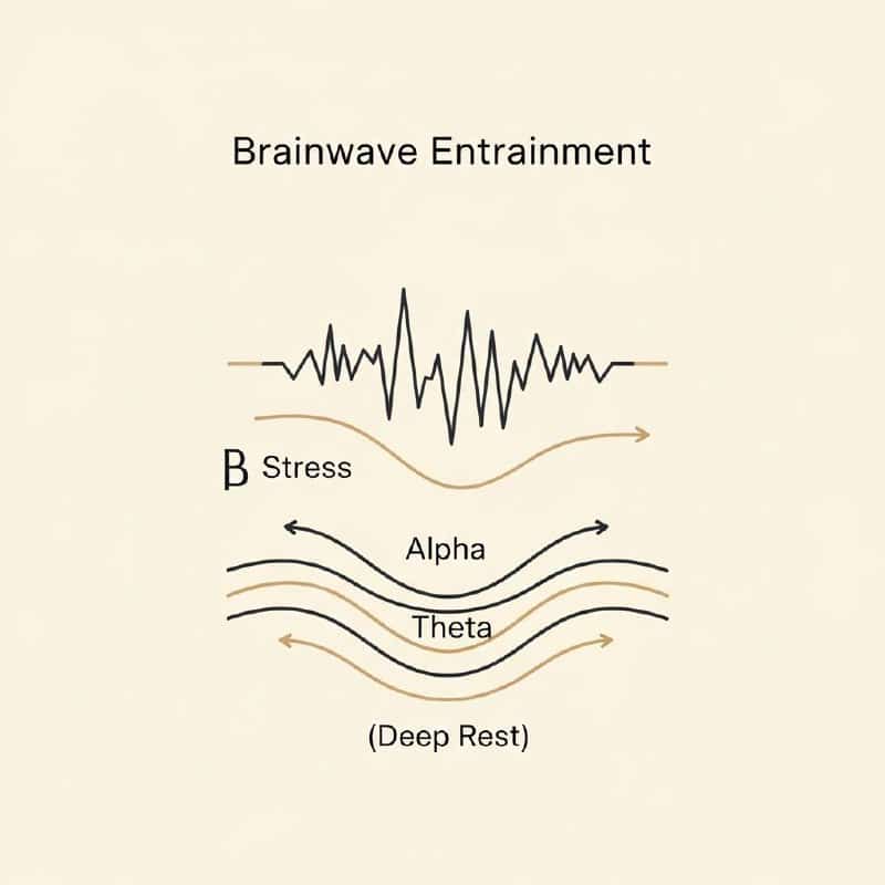 A diagram illustrating Brainwave Entrainment moving from Beta stress to Alpha and Theta deep rest.