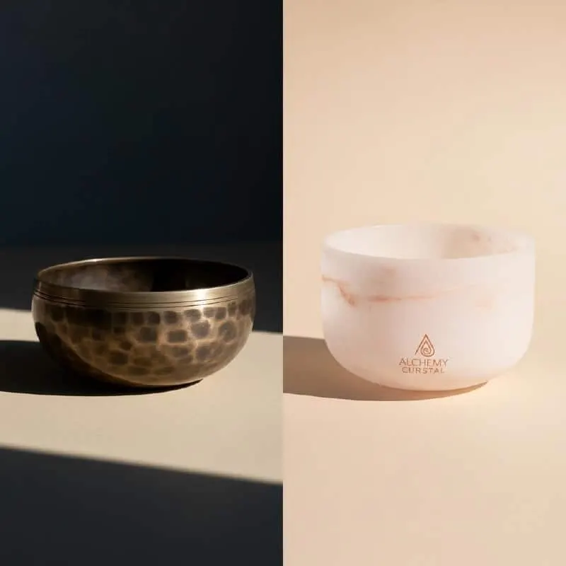A split image comparing a traditional Tibetan singing bowl with an Alchemy Crystal Bowl.