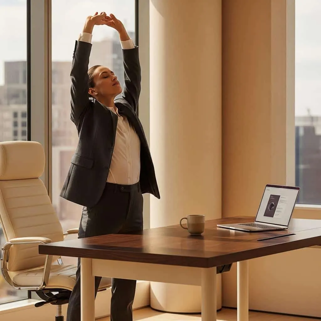 Woman in a business suit stretching and taking a mindful break at her office desk.