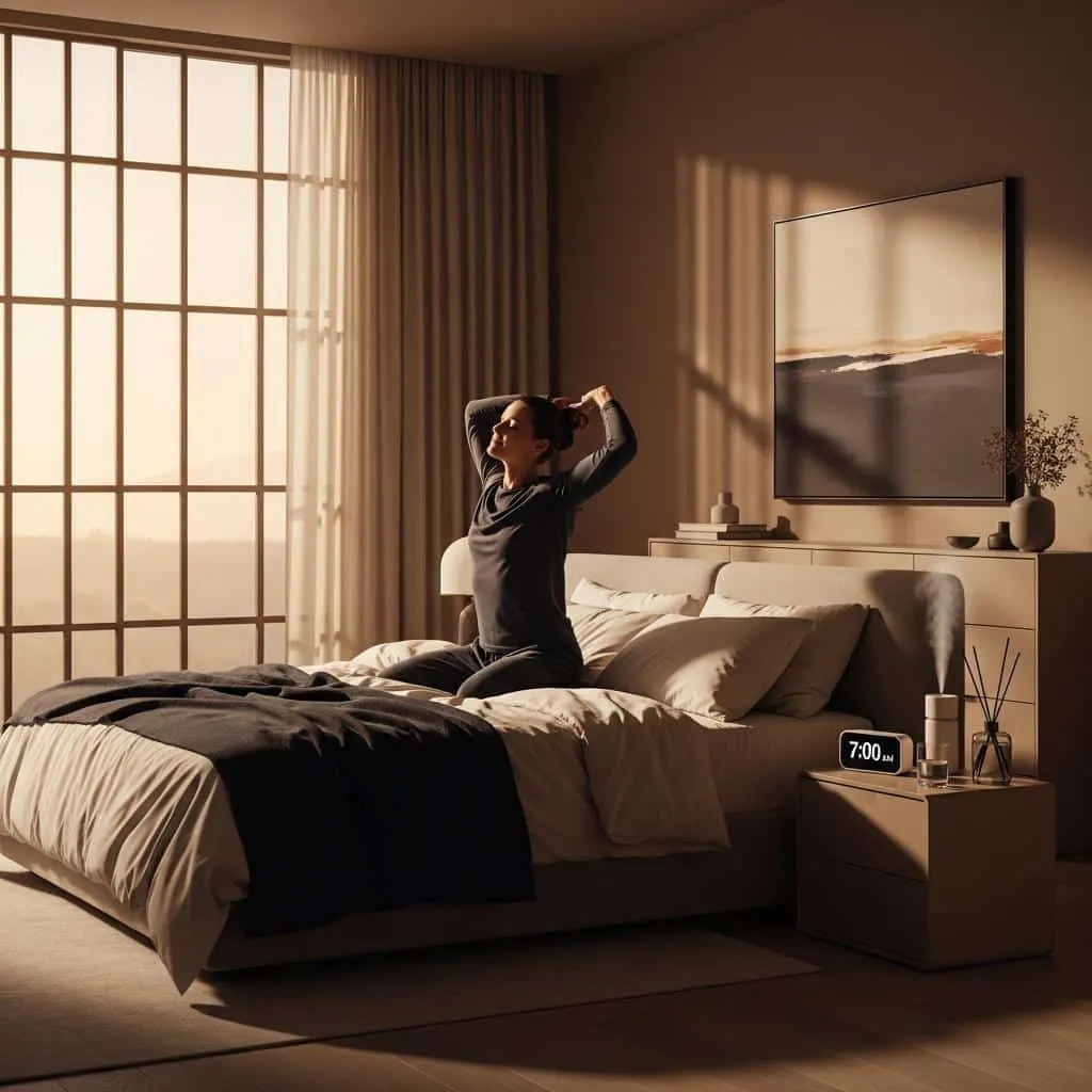 Woman waking up refreshed in a sunlit bedroom after a good night's sleep.