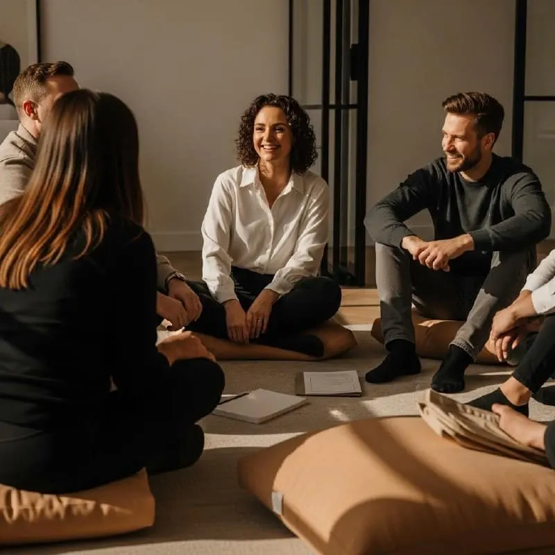 A diverse group of colleagues sitting in a circle smiling and talking, representing a healthy company culture.