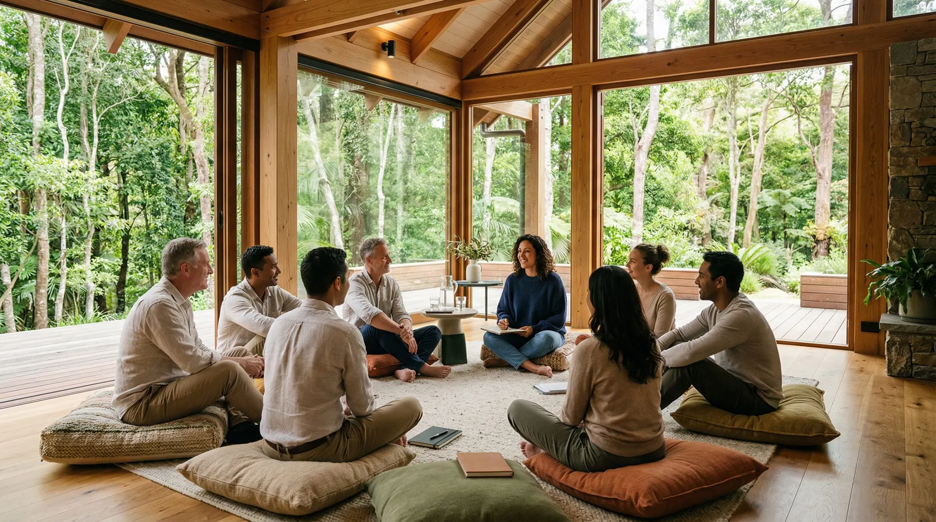 A luxury corporate team retreat setting in nature with professionals sitting in a circle inside a modern timber-framed room overlooking a forest.