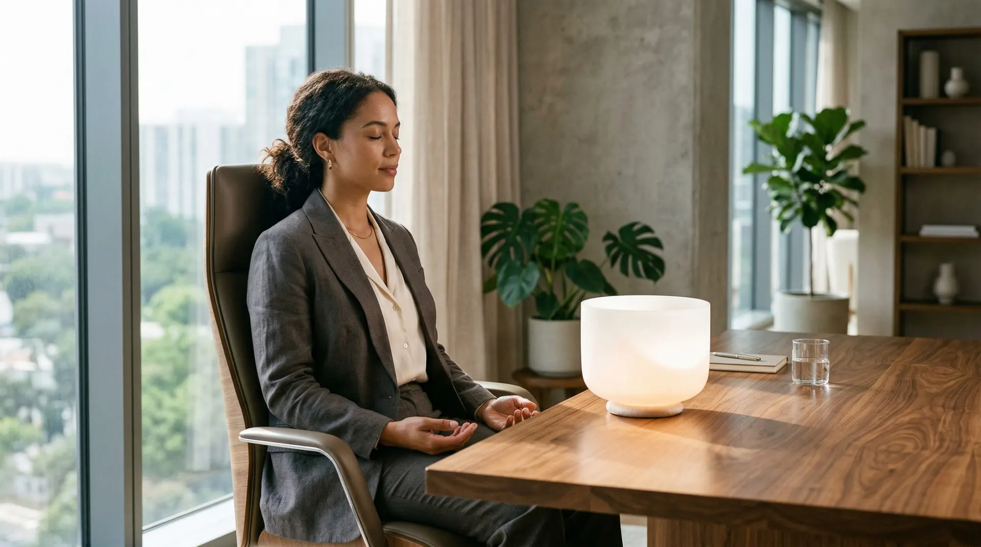 A businesswoman meditating peacefully at her desk with an alchemy crystal singing bowl, representing unbranded, high-end corporate wellness.